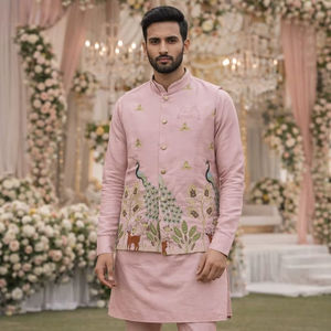 Conjunto de Kurta Koti de Satén Malai Premium para Hombre con Bordados Elaborados y Pijama - Product Image 1