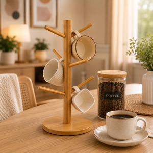 Natural Bamboo Tree Shape Mug Stand, Revolving Wooden Cup Holder for Mugs Glasses, Space Saving <b>Kitchen</b> Table Storage Decor Gift - Product Image 6