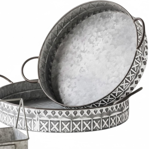 Set Of 2 Round Galvanized Iron Metal Serving Trays With Copper Handles Handcrafted <b>Kitchen</b> & Home Decor Organizer On Sale - Product Image 3