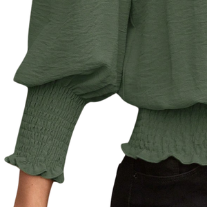 Womens Solid Polyester Long Sleeve Blouse Neck Smocked Waist Cuffs Elegant Loose Fit Casual Office Wear Fashion <b>Top</b> Daily - Product Image 5