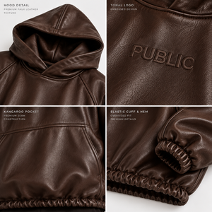 OEM/ODM Bulk Custom Dark Brown <b>Faux</b> <b>Leather</b> Hoodie Premium PU Raglan Sleeve Embroidery Pullover Oversized Hoodie for Men XL Size - Product Image 2