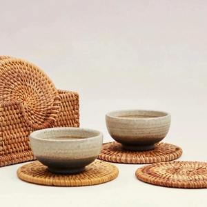 Natural Rattan Eco-Friendly Vintage <b>Coaster</b> <b>Set</b> <b>with</b> <b>Holder</b> Handmade 10cm Round Customizable Drink <b>Coasters</b> - Product Image 4