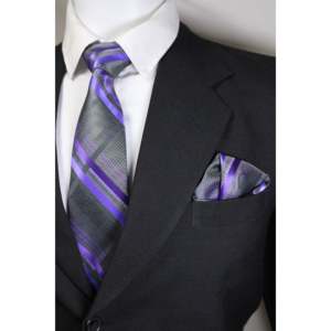 Sophisticated Microsilk <b>Tie</b> Set in Grey & <b>Purple</b> Featuring Plaid & Stripe Design - Product Image 2