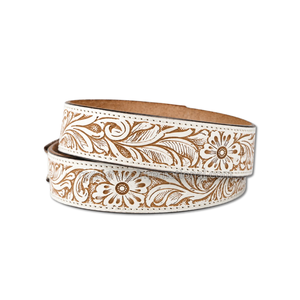 Ceinture Western Tendance en Cuir Grainé Blanc Ornée de Motifs Floraux Gravés à la Main pour Hommes et Femmes – Qualité Supérieure, Motif Floral Marron Gravé, Style Cowboy - Product Image 2