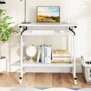 Scrivania Mobile per Computer in MDF Bianco con Vassoio per Tastiera e Ripiano Portaoggetti, Ruote Bloccabili a 360°, Spostabile per Casa, Ufficio e Hotel - Product Image 4