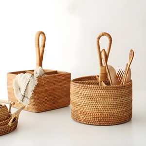 Rattan <b>utensil</b> storage basket with compartments cutlery caddy for sale handweave flatware <b>holder</b> - Product Image 6