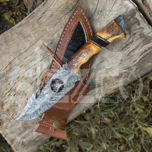 มีดล่าสัตว์เหล็กดามัสกัสแบบ OEM พร้อมด้ามเขาสัตว์  ใบมีดคงที่ สำหรับตั้งแคมป์ กิจกรรมกลางแจ้ง และพกพาประจำวัน พร้อมปลอกหนัง - Product Image 2