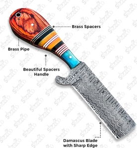 Cuchillo de caza y camping de hoja fija de acero de Damasco hecho a mano, estilo vaquero personalizado, con funda de cuero. - Product Image 2