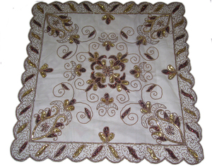 Lowellcraft Handmade Hand Zari Embroidery Square Modern Floral & Geometric <b>Table</b> <b>Cover</b> and Place Mats Polyester Tablecloth - Product Image 4