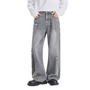 Vaqueros Baggy Rectos Personalizados de Estilo Urbano para Hombre, Vaqueros de Mezclilla de Algodón Oscuro Desgastado, Pantalones Vaqueros Vintage de Moda para Hombre - Product Image 1