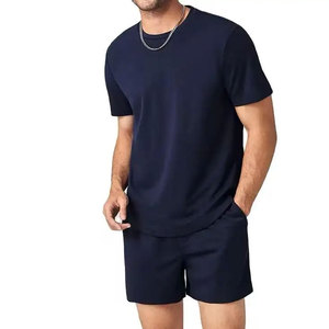 100% cotton <b>Men's</b> <b>Navy</b> <b>Blue</b> Short Sleeve O-Neck <b>T</b>-<b>Shirt</b> Shorts Set Regular Fit Casual Breathable 100% Cotton Jersey Solid Color - Product Image 4
