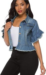 Veste en jean pour femme avec volants, manches évasées, col rabattu, coupe courte, décontractée, printemps, bleu délavé - Product Image 5
