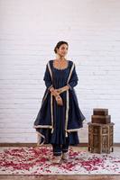Salwar Kameez traditionnel bleu marine en coton avec bordure dorée, coupe ample, longueur cheville, vêtements décontractés pour femmes, style Inde Pakistan