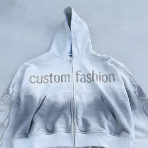 Women's Washed Gradient Zip up Hoodies Custom Personalized Rhinestone Embellishment Raw Hem Front Pocket Streetwear Y2K Hoodies - Product Image 1