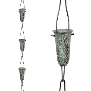 Chaîne de pluie en acier galvanisé style simple, décoration de jardin extérieur, décoration suspendue pour le flux d'eau, motif feuille patine verte - Product Image 2