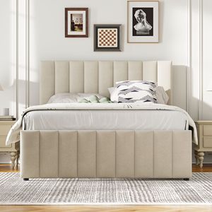 Letto matrimoniale imbottito in tessuto di lino beige con letto estraibile singolo e 3 cassetti - Mobili imbottiti - Product Image 2