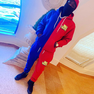 Ensemble de survêtement unisexe rouge et bleu à deux pièces avec imprimé graphique et logo personnalisé, 100 % coton, style streetwear - Product Image 3