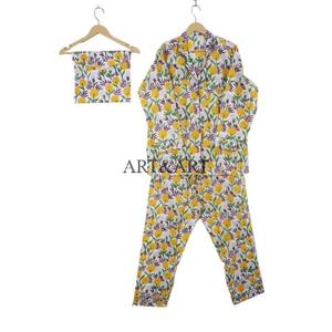 Ensemble de pyjama pour femmes en coton indien imprimé à la main avec des motifs floraux, 3 pièces, décontracté, confortable, respirant, écologique, vêtements de nuit d'été - Product Image 5