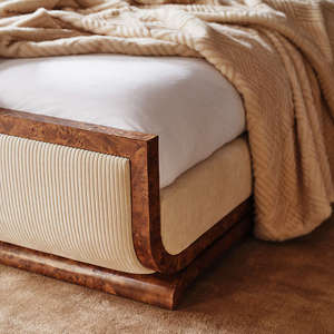 Luxury Burl Wood Veneer Platform Bed with <b>Fluted</b> Upholstered Panels Curved Corner Modern King Size Bedroom Furniture - Product Image 5