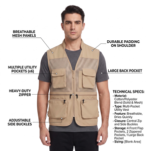 Men's Plain Dyed Sleeveless Stand Collar <b>Utility</b> <b>Vest</b> with Front Zip Closure and Mesh Panel - Product Image 5
