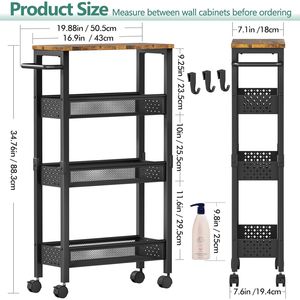 Carrito de Almacenamiento Rodante Delgado de 4 Niveles con Superficie de Madera y Construcción Metálica para Cocina, Baño o Lavandería - Product Image 4