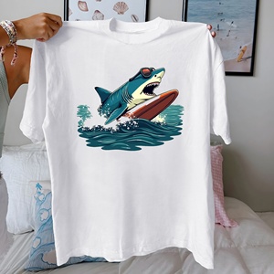 เสื้อยืดลายฉลามสำหรับผู้หญิงพิมพ์ลายการผจญภัยในมหาสมุทรสวมใส่สบายสไตล์ลำลองผ้าถักผ้าฝ้ายแท้100% - Product Image 3
