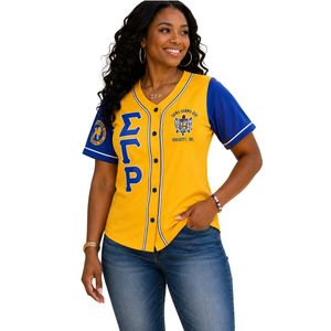 Camiseta de Béisbol para Mujer, Amarillo y Azul, Manga Corta, Cierre de Botones, Bordado con Letras Griegas, Diseño Gráfico, Informal, Deportiva - Product Image 5