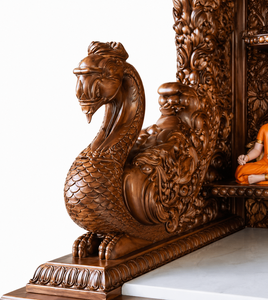 Grand Hand-Carved Wooden Temple for Home Big Size Teak Wood Peacock Carving Pooja Mandirs Customized Large Pooja Units for Sale - Product Image 5