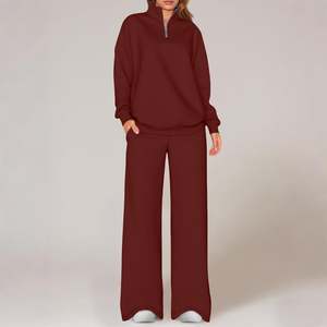 Wholesale OEM Made Women's 2 Piece Outfits Long Sleeve Oversized Half <b>Zip</b> Sweatshirt Wide Leg Jogger Pants Terry Fabric - Product Image 5