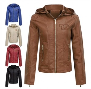 Custom Logo Women PU Leather Hooded Motorcycle <b>Jacket</b> Windproof Full Sleeve Zipper Front Embossed Solid Color Autumn Wear - Product Image 1