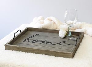 Plateau de service en bois gris rustique avec motif sérigraphié et poignées en fer noir – Plus durable et fiable – Idéal pour servir des friandises - Product Image 3