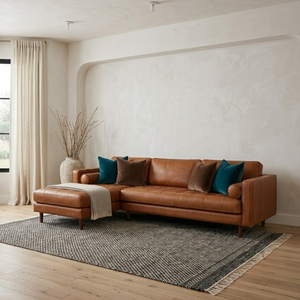 Vietnam Factory Cognac Leather L Shaped <b>Sofa</b> Set Mid Century Modern Sectional Couch with Spacious Chaise Lounge - Product Image 1