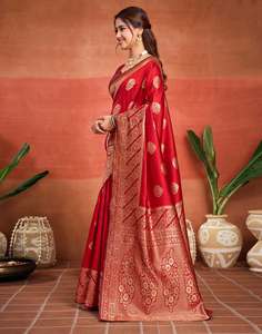 <b>Red</b> Silk <b>Saree</b> With Gold Zari Work Traditional Wedding Wear For Women India Pakistan - Product Image 3