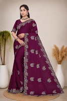 Saree Satin Chiffon Desainer India Vexotrend untuk Wanita, Bordir Swarovski Desain Patola, Gaya Tradisional untuk Pesta Pernikahan dan Diwali