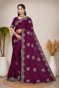 Vexotrend Indian Designer Women's <b>Satin</b> Chiffon <b>Saree</b> Embroidery Swarovski Patola Design Traditional Style Wedding Party Diwali - Product Image 2