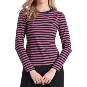 T-shirt décontracté pour femmes à rayures, col rond, manches longues, tissu extensible en coton et élasthanne, jersey doux, tissu rayé personnalisé - Product Image 3