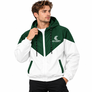 Chaqueta cortavientos con capucha para hombre, estilo racer, con bloques de color, cierre frontal con cremallera, estampado con logo, resistente al viento, para primavera. - Product Image 2
