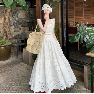 Feminine Solid Embroidered 100% Cotton White Lace Crop Blouse and A-Line <b>Skirt</b> Set for Daily & Vacation Styling - Product Image 5