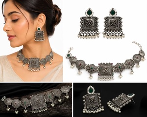 Women's Two Tone Gold Plated Stainless Steel Bohemia <b>Choker</b> Necklace Set Pearl Drops Jade Floral Design Wedding Anniversary - Product Image 6