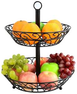 Minimalist 2 Tier Black Metal Fruit Basket Round Double Layer Kitchen Countertop Storage Rack <b>Vegetable</b> Display <b>Stand</b> - Product Image 2