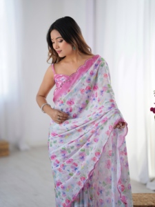 Sari de chinnon pesado y suave con estampado elegante y hermoso trabajo Kutchi, borde de encaje con espejos, para mujer, ropa de boda, sari indio. - Product Image 3