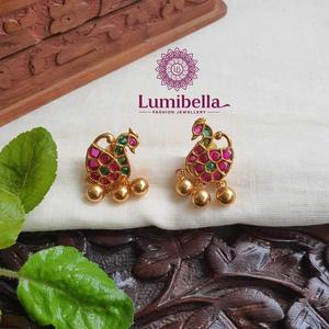 18K Gold Plated Peacock Stud Earrings with Zircon and Pearl - Product Image 3