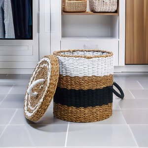Cestas de lavandería de yute y algas marinas tejidas en color crema y negro, cestas de almacenamiento hechas a mano, venta al por mayor, ecológicas, hechas en Vietnam - Product Image 6