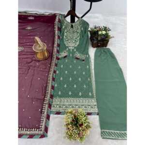 Hermoso Salwar Kameez de Seda de Diseño, con Top, Pantalón y Dupatta, para Fiestas - Product Image 4