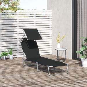 Outdoor <b>Pool</b> Folding <b>Tanning</b> Lounge Chair with Sun Shade Black Olefin Cushion & Aluminum Frame for Poolside Use - Product Image 2
