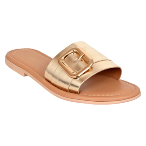 Sandalias Planas de Cuero Genuino Color Dorado Metálico con Hebilla, Punta Abierta, Sandalias de Verano para Mujer - Product Image 1
