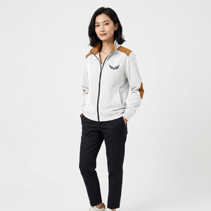 White Men's Sporty Long <b>Thin</b> Canvas Front Jacket with Brown Accents Stand Collar Zipper Embossed Logo Summer Wear - Product Image 5