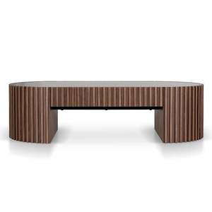 Mesa de Centro Moderna con Base de Madera Acanalada y Pedestal Hecho de Madera de Teca Sólida, Acabado Marrón Oscuro de Alta Calidad para Uso en Interiores - Product Image 1