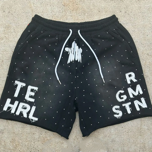 Shorts Negros con Pedrería para Hombre, Estilo Urbano, Casuales, con Cordón, de Algodón, Estampados, Holgados, para Verano - Product Image 5