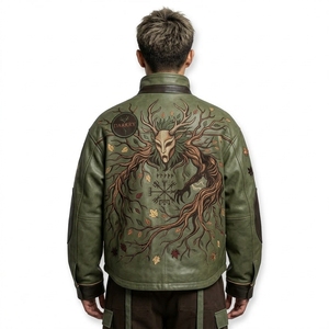 Green Forest Spirit Horned <b>Monster</b> Embroidered Leather Jacket Men Stand Collar Tactical Bomber Coat Pagan Streetwear Outerwear - Product Image 2